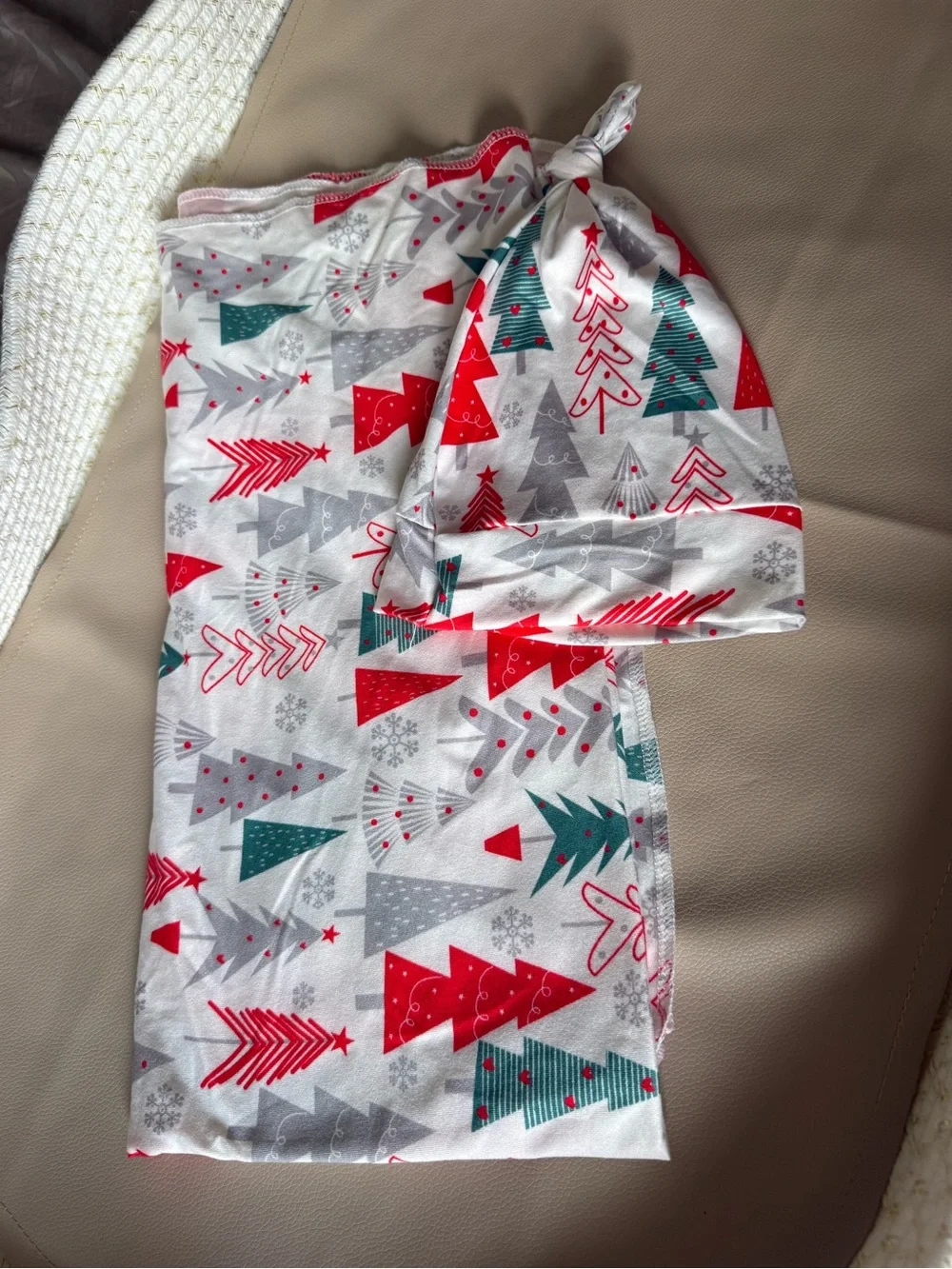2 for $10 Holiday Tree Print Baby Swaddle & Knot Hat Set - Red, Green, Gray